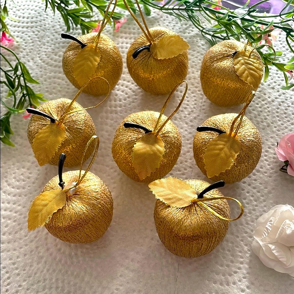 Gold Thread Apples Leaf Accents Christmas Ornaments Holiday Display Set of 8